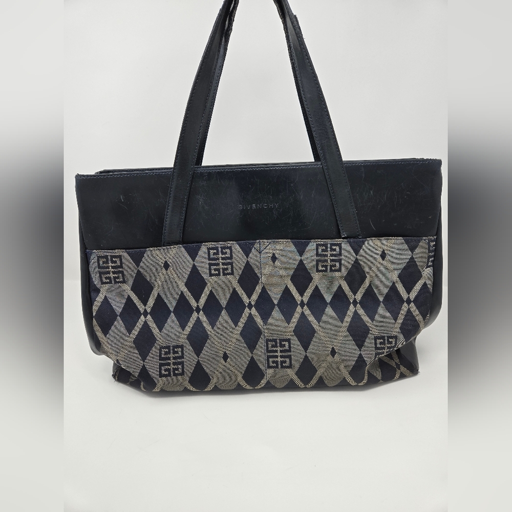 Vintage Givenchy Navy Blue Gray Monogram Signature Tote Bag Made In France